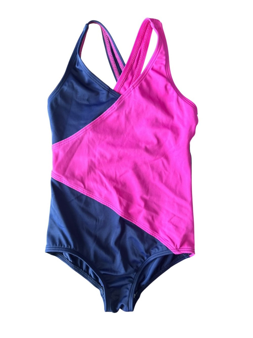 Lands’ End Girls Colorblock One Piece Swimsuit Size 5 Pink and Navy